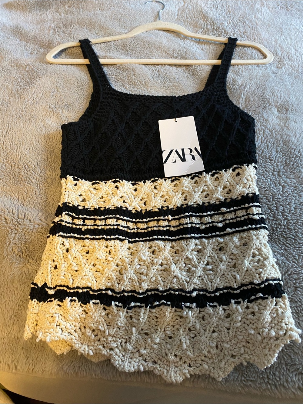 Zara Black Crochet Knit Tank with Cream Trim